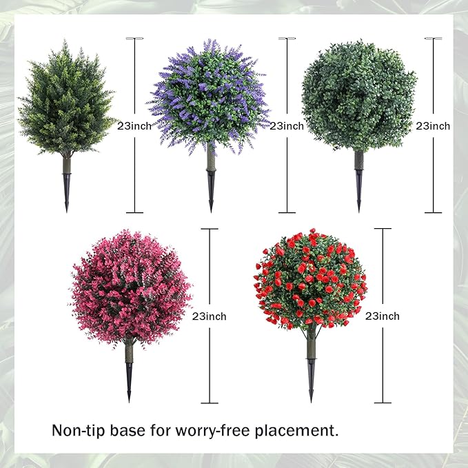 23 Inch Artificial Lavender Topiary Balls Tree, UV Resistant Faux Boxwood Trees with Ground Spike, Perfect for Indoor & Outdoor Garden, Porch, Front Door, and Home Décor, Set of 2