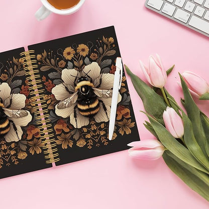Vintage Bee Spiral Notebook, Retro Botanical Cottagecore Dark Honeybee Journaling Notebooks Gift for Teacher Women, Wildflower Plant Hardcover Journals for School Office, 160 Pages 5.5 x 8.3 Inch