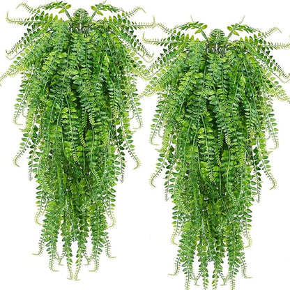 CLONG 2 pcs Artificial Hanging Ferns Plants Vine Fake Ivy Boston Fern Hanging Plant Outdoor UV Resistant Plastic Plants (2, Green)