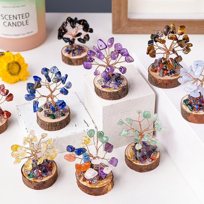 Runyangshi 12pcs Crystal Tree Set Tree of Life Natural Crystal Healing Stones with Wooden Base Gemstone Trees Fengshui Good Luck Positive Energy Home Decor