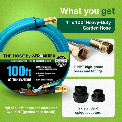 Aeromixer THE HOSE - 1 Inch Garden Hose 100 Ft, Includes Adapters 3/4 Spigots, Kinkless Commercial Garden Hoses, Heavy Duty Water Hoses for Outdoors, 650 PSI High-Pressure Watering Tool