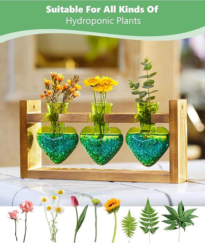 Nacome Plant Terrarium Propagation Stations: Christmas Gifts for Plant Lovers Women Mom Wife - Wooden Stand Tabletop Planter 3 Bulb Glass Vase Heart Shaped for Hydroponics Indoor Home Decor(Green)