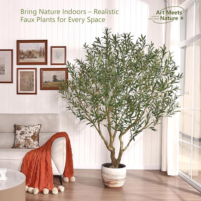 Olive Tree Artificial Indoor 7ft - UV Resistant Large Fake Plants - Realistic Faux Olive Tree in Pot - Tall Artificial Plants Outdoor for Home, Patio, Living Room, Office Decor,VN138
