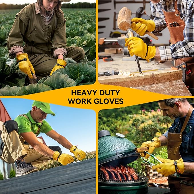 OZERO Leather Work Gloves for Men: X-Large 3 Pairs Cowhide Working Gloves for Driving Heavy Duty Mechanic Ranch - Women Gardening Glove