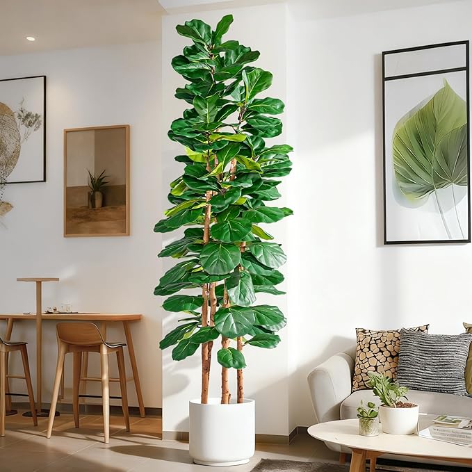 Artificial Fiddle Leaf Fig Tree 7FT, Faux Fig Tree Indoor with Natural Wood Trunk & Realistic Leaves with Moss Pot Fake Ficus Tree Large Faux Floor Plant for Living Room Home Decor, House Plant
