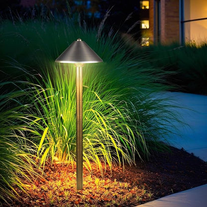 DOSHINE® Solid Brass Low Voltage Landscape Lighting Pathway Lights (7" Shade, 22" Tall) with Replaceable 3W G4 LED Bulb 3000K AC/DC 12V and Ground Stake for Outdoor Walkway Driveway (UMB,4-Pack)