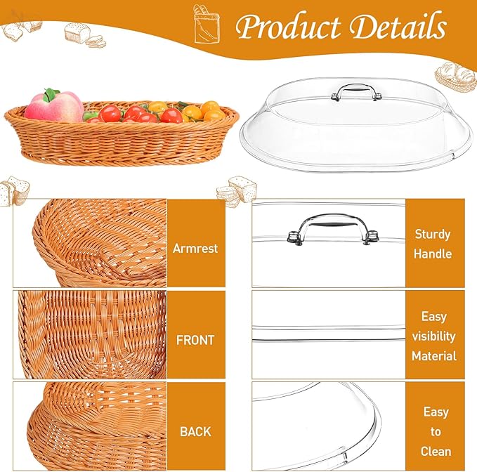 Hushee 2 Set Imitation Rattan Bread Basket with Lid Wicker Bread Baskets for Serving Woven Fruit Basket with Cover Oval Food Baskets for Food Vegetables Display(13.78 x 9.84 Inch, 15.75 x 11.81 Inch)