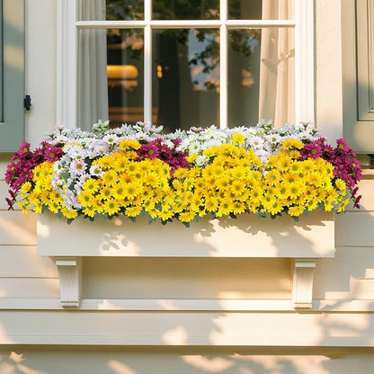 Artificial Fake Mums Flowers Plants for Outdoors,12 Bundles Faux mums Mix Silk Glory UV Sun Resistant, Realistic Flowers for Planter Porch Patio Yard Balcony Home Decor (Yellow/White/Pink)
