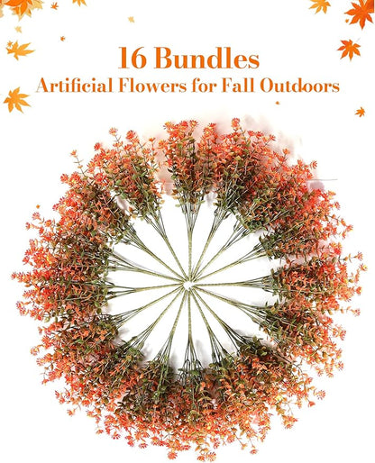 16 Bundles Artificial Flowers for Fall Outdoors Decoration - Fake Mums Faux Artificial Plants Plastic Flower No Fade for Harvest Halloween Thanks Giving Day Decor