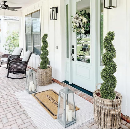 THE BLOOM TIMES 4ft Tall Spiral Topiary Trees Artificial Outdoor Set of 2, 48 Inch UV Resistant Large Faux Evergreen Fake Boxwood Plants for Front Porch Outside Planter Entryway Entrance Decor 4 Foot
