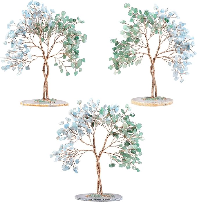 mookaitedecor Handmade Green Aventurine & Aquamarine Crystal Tree with Agate Slice Base, Bonsai Money Tree of Life for Wealth and Luck, Feng Shui Home Decor