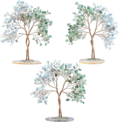 mookaitedecor Handmade Green Aventurine & Aquamarine Crystal Tree with Agate Slice Base, Bonsai Money Tree of Life for Wealth and Luck, Feng Shui Home Decor