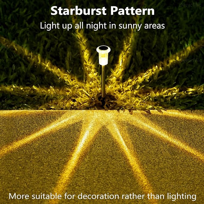 DenicMic Solar Lights Outdoor 10 Pack Waterproof Christmas Lights Outdoor 3000K Warm White LED Stainless Steel Stake for Landscape Lighting Path Walkway Sidewalk Backyard Patio Decor