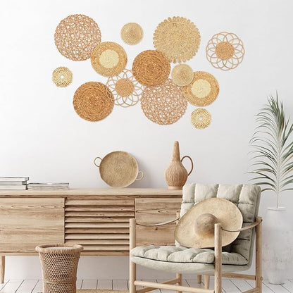 Glenmal Set of 13 Boho Wall Basket Decor Woven Rattan Flat Baskets Handmade Boho Wicker Bamboo Seagrass Wall Hanging Decor for Bedroom Living Room Dining Room Office Ready to Hang(Classic)