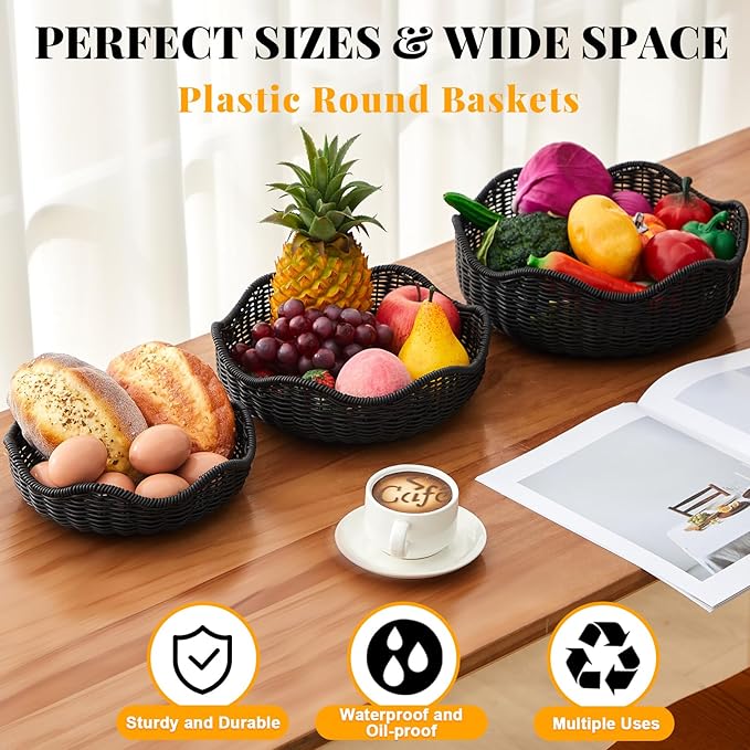 3 Pcs Wicker Bread Basket Plastic Rattan Woven Bread Baskets for Serving Rattan Fruit Bowl Kitchen Restaurant Counter Organizing (11.4'',10.3'',8.7'')