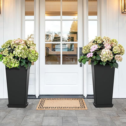 Set of 2 Large Tall Planter for Indoor or Outdoor 24" Flower Pots Tapered Tall Planters with Tray for Porch, Patio, Backyard, Large Planters for Outdoor Indoor Plants(Black)