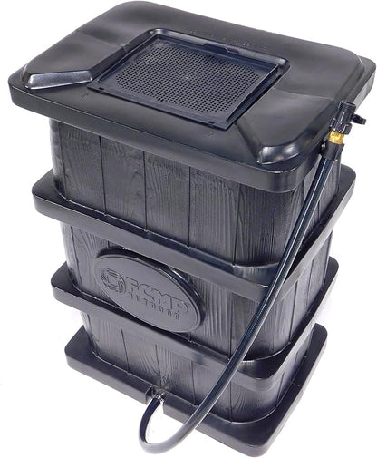 FCMP Outdoor Slim Line Design 45-Gallon Wood Grain Outdoor Home Rain Water Catcher Barrel Flat Back Container with Spigots and Mesh Screen, Black