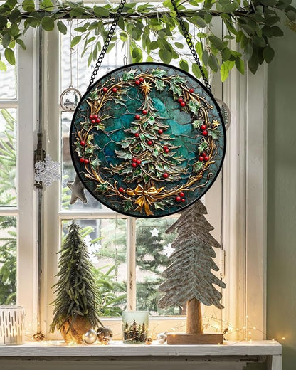 Stained Glass Window Hangings - Red Gold Green Wreath Suncatcher for Door Home Christmas Tree Decoration Sun Catcher Thanksgiving New Year Birthday Gift for Women Men Mom Grandma 15 in
