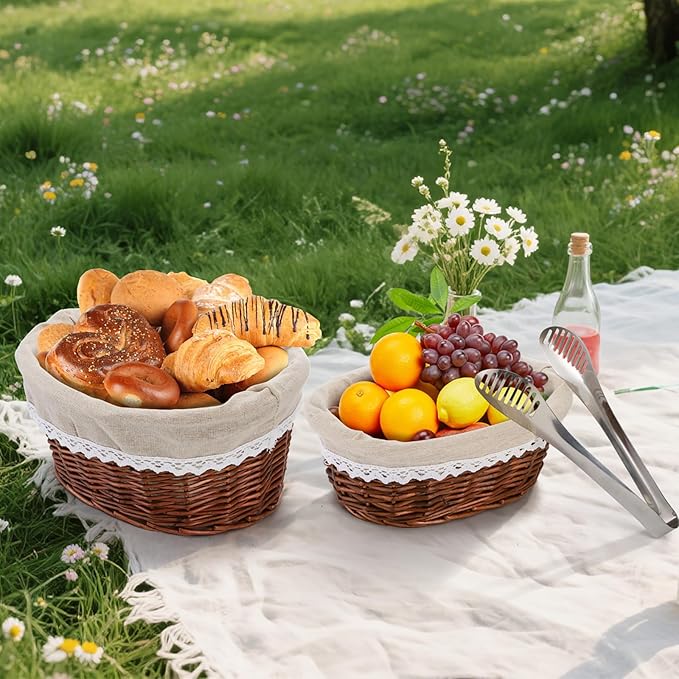 Nicunom 2 Size Wicker Bread Baskets for Serving Set, 11" 12" Bread and Pastries Basket Fruit Basket Sourdough Proofing Baskets with Removable Liner and Cover, Stainless Steel Tongs