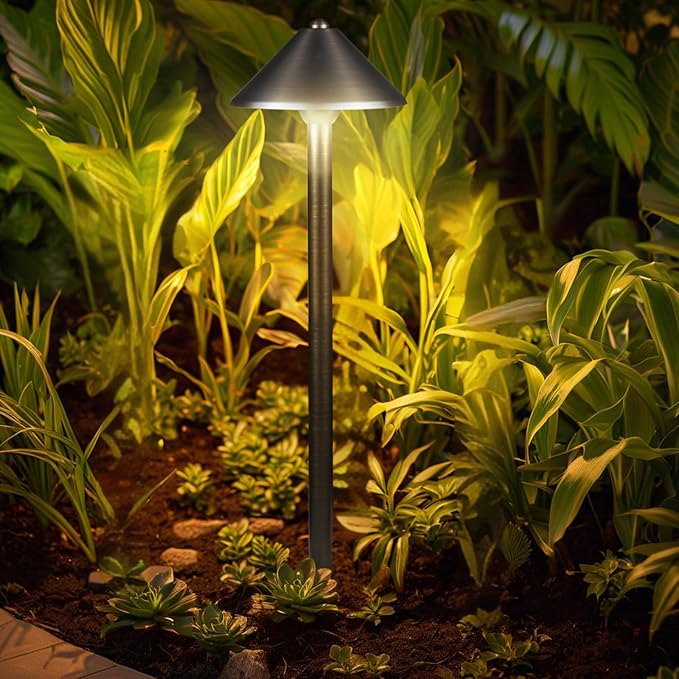 DOSHINE® Solid Brass Low Voltage Landscape Lighting Pathway Lights (7" Shade, 22" Tall) with Replaceable 3W G4 LED Bulb 3000K AC/DC 12V and Ground Stake for Outdoor Walkway Driveway (UMB,6-Pack)