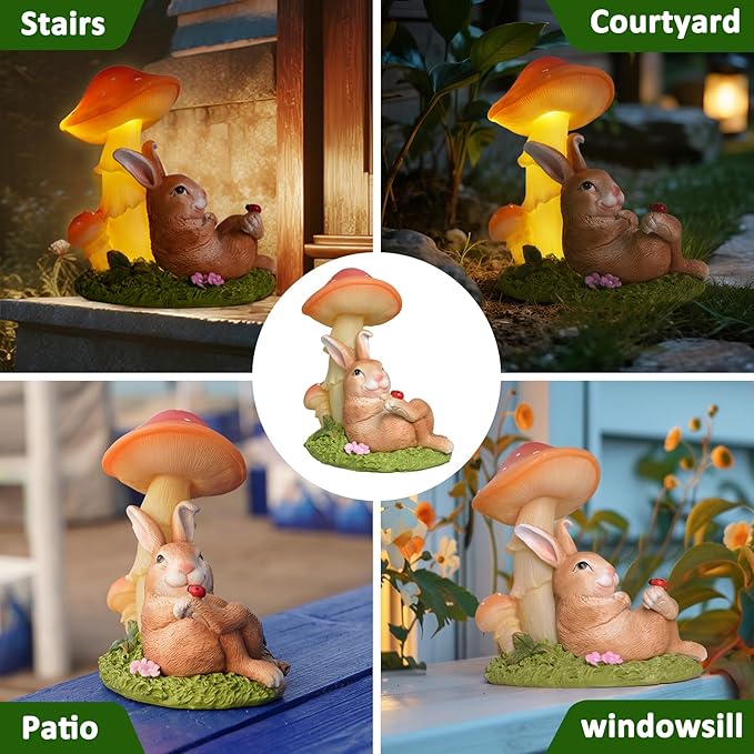 Solar Rabbit Garden Statues Outdoor Decor, Solar Garden Decor with Mushroom Lights, Resin Yard Decorations Outdoor for Patio, Porch, Balcony, Lawn Ornaments, Housewarming Birthday Gifts for Mom Women