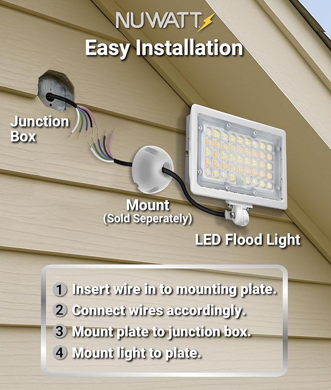 NUWATT 50W LED Flood Light, 3CCT 3000K/4000K/5000K Selectable, IP65 Waterproof Lighting, Adjustable Knuckle Mount, 7050LM, 0-10V Dimmable, 120-277V, Outdoor Security Floodlight for Yard, White, UL