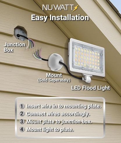 NUWATT 50W LED Flood Light, 3CCT 3000K/4000K/5000K Selectable, IP65 Waterproof Lighting, Adjustable Knuckle Mount, 7050LM, 0-10V Dimmable, 120-277V, Outdoor Security Floodlight for Yard, White, UL
