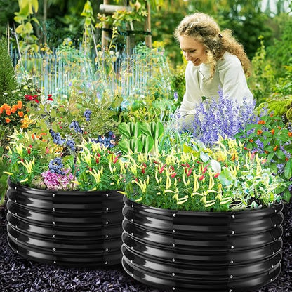 17" Tall Round Outdoor Garden Raised Garden Bed Kits-0.8MM Thick Metal Raised Planter Bed/Ground Planter Box for Variety of Flowers,Herbs,Vegetables,Trees (Black, 32 Dia X 16.5 inches)