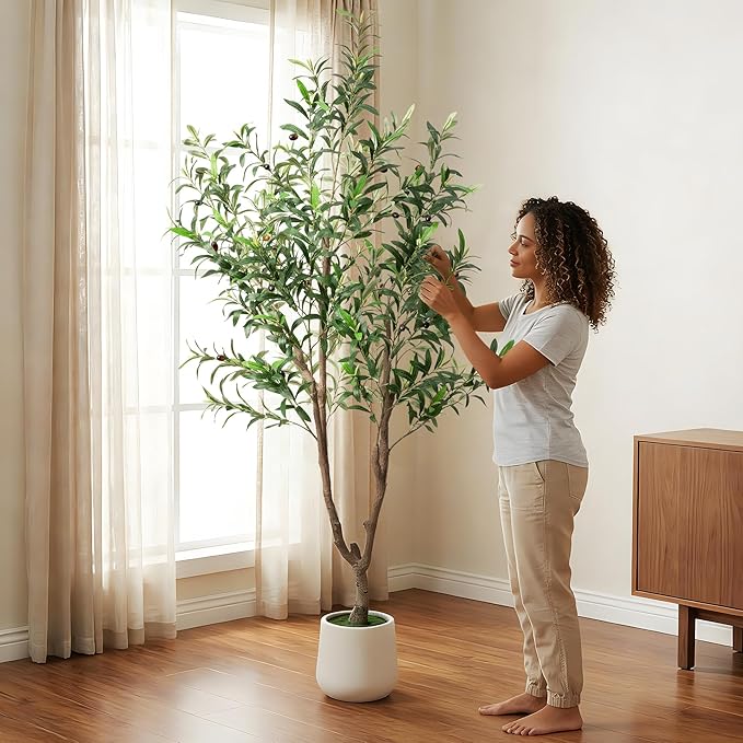 Fake Tree Faux Olive Tree with White Tall Planter Tall Fake Plant Faux Trees Indoor Olive Trees Artificial Indoor Suitable for Home Decoration Hotel Dining Room Office Decoration 6 Feet Tall