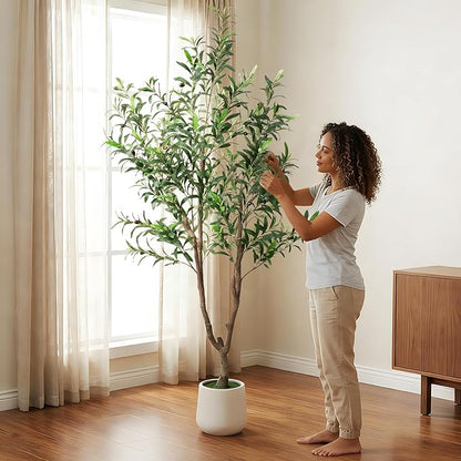 Fake Tree Faux Olive Tree with White Tall Planter Tall Fake Plant Faux Trees Indoor Olive Trees Artificial Indoor Suitable for Home Decoration Hotel Dining Room Office Decoration 6 Feet Tall