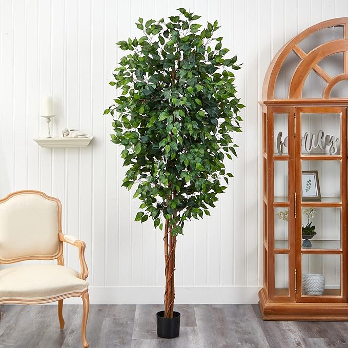 Nearly Natural 7ft Triple Trunk Artificial Ficus Tree with Natural Wood Trunks, Fake Tree for Indoor Home Décor, Faux Ficus Tree with Black Nursery Pot