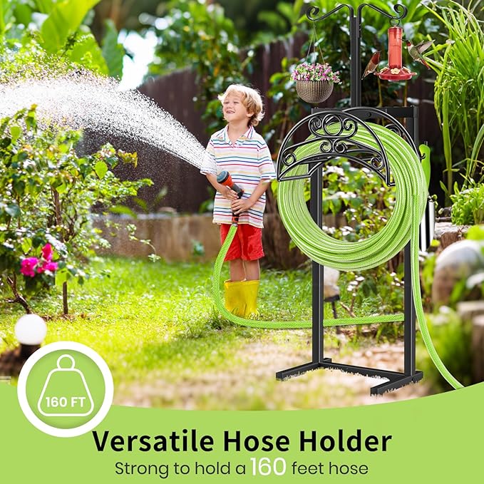 TomCare Garden Hose Holder with 2 Shepherds Hooks Upgraded Heavy Duty Water Hose Holder Holds 160 FT Hoses Freestanding Hose Reel with 2 Tool Hooks Outdoor Hoses Storage Hanger for Outside Yard, Black