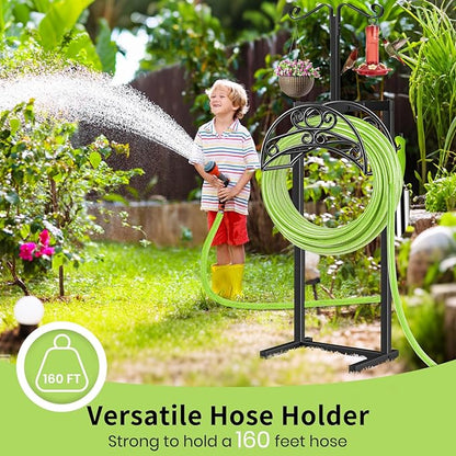 TomCare Garden Hose Holder with 2 Shepherds Hooks Upgraded Heavy Duty Water Hose Holder Holds 160 FT Hoses Freestanding Hose Reel with 2 Tool Hooks Outdoor Hoses Storage Hanger for Outside Yard, Black
