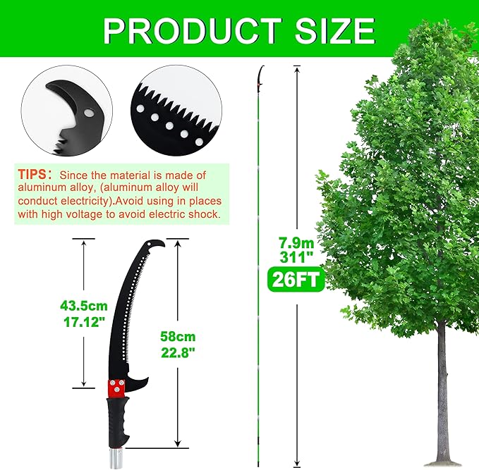 Manual pole saw,Tree Trimmer, Pole Pruning Saw, Pole Saws for Tree Trimming, Gardening Tools Pruner Hand Pole Saw For Yard(Green 26FT)