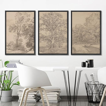 Ashbrook Framed Canvas Print Wall Art Set Retro Vintage Sketchbook Forest Country Landscape Farmhouse Decor Nature Wilderness Illustrations Floral Botanical Retro for Bedroom - 16"x24"x3 BLACK