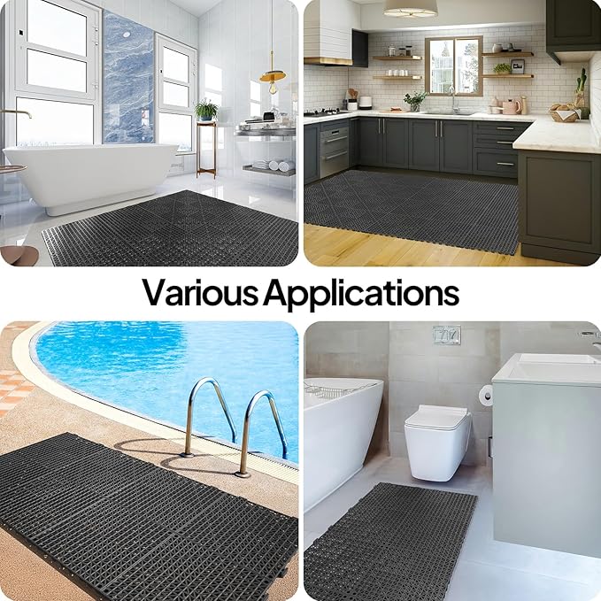 ROVSUN 40 PCS Interlocking Drainage Mat, 12’’x12’’ Drainage Tiles Interlocking,Soft PVC Floor Tiles, Non-Slip Drainage Holes for Restroom, Bathroom, Kitchen, Pool, Wet Areas,Black