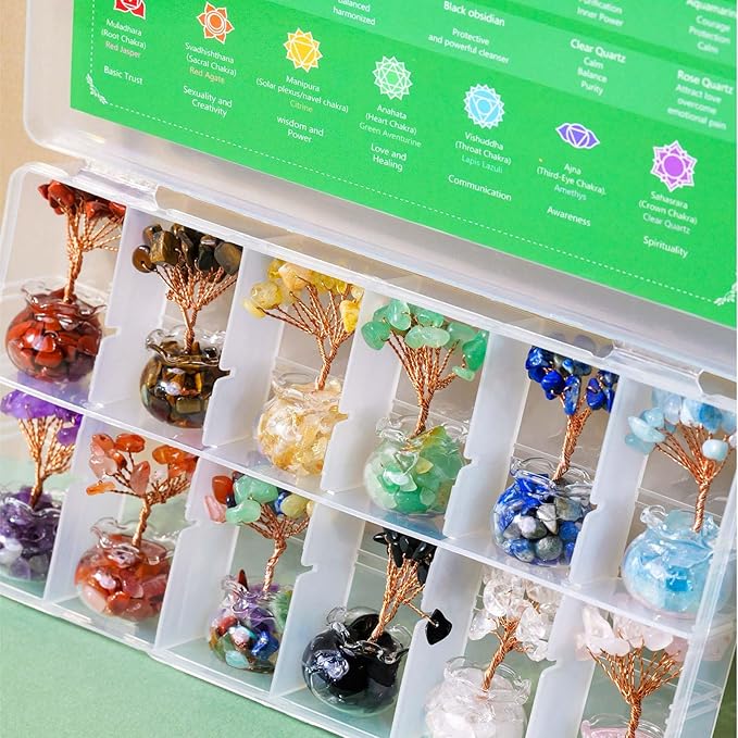 Runyangshi 12 Pcs Chakra Crystal Trees of Life - Fengshui Money Luck Gemstones Tree, Handmade with Natural Stones and Copper Wire for Home Office Decoration, Reiki Healing Meditation Gifts