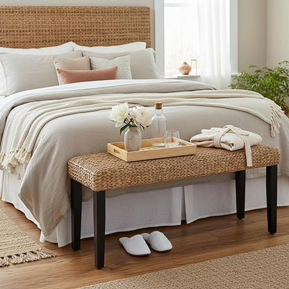 Solid Wood Acacia Indoor Bench with Natural Woven Seat, Wicker Bench Bed Boho, Wood Bench for Bedroom End of Bed or Benches Entryway for Living Room (Black Leg, Water Hyacinth)