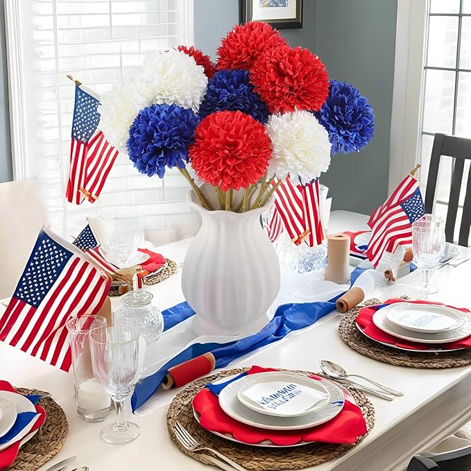 12 Pcs Artificial Chrysanthemums Flowers Patriotic Flowers 4th of July Fake Mums Flowers Silk Red White Blue Flower for Home Decor Indoor Memorial Day Table Centerpiece (12, Red White Blue)