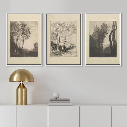 Ashbrook Framed Canvas Print Wall Art Set Fine Art Country Farmhouse Decor Landscapes Duotone Nature Wilderness Illustrations Floral Botanical Calm/Relax/Cozy for Bedroom - 16"x24"x3 WHITE