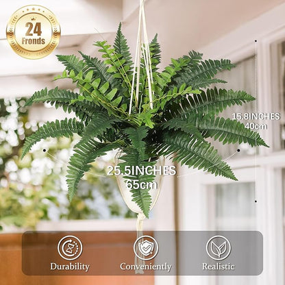 JUSTOYOU 25" Realistic Artificial Boston Fern Bush, 1 Pc with 24 Fronds Faux Fake Ferns UV Resistant Plants for Living Room, Garden, Porch and Front Door Decor