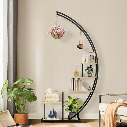 JACK&JULIA Plant Stand, Half Moon 5 Tier Tall Metal Plant Shelf with 3 Hooks, Large Curved Shape Rack Plant Holder for Living Room, Garden, Patio, Balcony