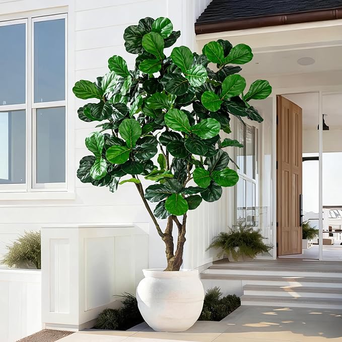 Artificial Fiddle Leaf Fig Tree 8ft with White Planter Realistic Fiddle Leaf Lyrata Plant Tall Fake Tree with Natural-Looking Leaves Fake Tree for Indoor Outdoor Home Office Decor