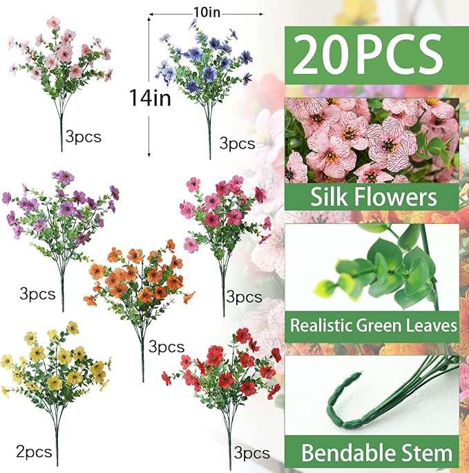 mizii Artificial Flowers for Outdoors 20 Bundles Realistic Faux Silk Flower UV Resistant Fake Plants Outside Decorations for Patio Garden Balcony Yard Porch Summer Indoor Home Decor (Mix 7 Color)