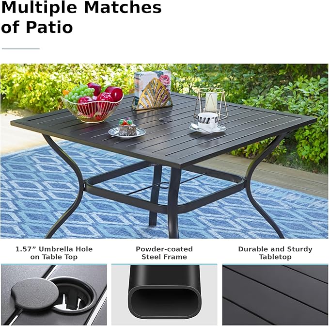 MFSTUDIO 5 PCS Metal Outdoor Patio Furniture Dining Set with 4 Metal Swivel Chairs and Square Dining Table with Umbrella Hole, Black