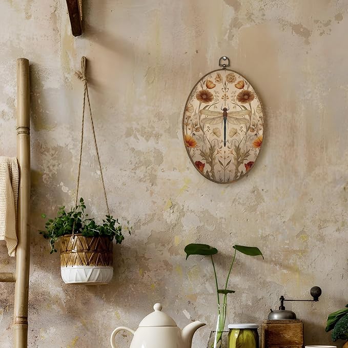 LKETW Vintage Floral Dragonfly Oval Wall Art Decor, Cottagecore Flower Dragonfly Oval Canvas Hanging Decor, William Morris Floral Aesthetic Wall Decorations for Home Bedroom Office, 8.6x11.4 Inch