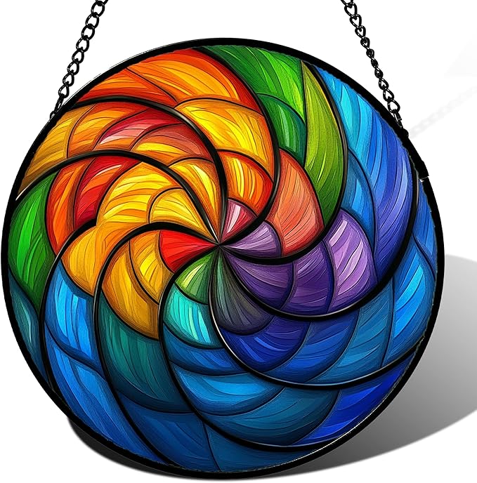 Stained Glass Window Hanging Rainbow Colored Abstract Vortex 9.8" - Suncatcher Door Garden Sun Catcher Home Decor Birthday Christmas for Woman Nana Friend Men