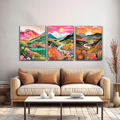 DUWQU 3 Piece Colorful Watercolor Mountain Canvas Wall Art Boho Floral Painting Picture Wall Decor Abstract Nature Landscape Poster Print Artwork for Living Room Bedroom Bathroom Office 12x16 Inches