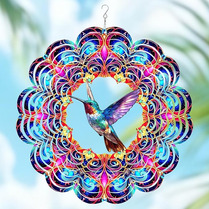 Hummingbird Wind Spinner 12" Metal, Hummingbird Gifts for Women Mom Wife Grandma, Outdoor Indoor Hanging Ornament for Garden Porch Backyard Lawn, Gift for Birthday Thanksgiving Christmas