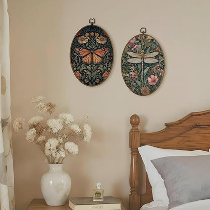 LKETW Vintage Floral Butterfly Dragonfly Oval Wall Art Decor, Dark Cottagecore Oval Canvas Hanging Decor, Rustic Wildflower Insect Wall Decorations for Home Living Room Bedroom, 8.6x11.4 Inch Set of 2